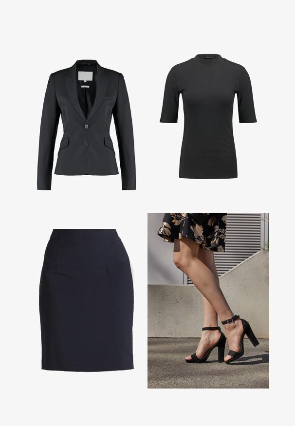Zwarte blazer, getailleerde pasvorm, satijn stof, notch revers, dubbele knoopsluiting, enkele borstzak, dubbele zijzakken, zachte textuur.; Zwarte geribbelde T-shirt met een hoge hals en korte mouwen. Gladde, aansluitende pasvorm zonder patronen of zichtbare hardwaredetails.; Marineblauwe kokerrok van een soepele stof met een aansluitende silhouet, voorzien van voorzakken en subtiele naden voor een gestructureerde look.; Zwarte suède hoge hakken sandalen hebben een enkelband met een gesp, een open teenontwerp en een chunky hak. Glad textuur en minimalistische stijl.