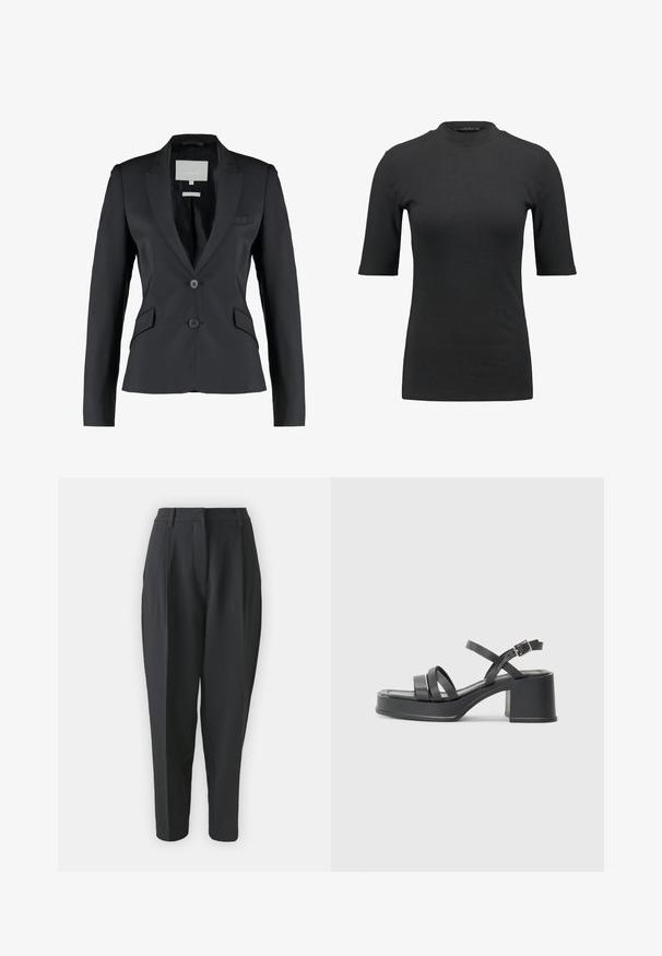 Sort blazer, skræddersyet pasform, satin stof, spids lapel, to-knaps lukning, enkelt brystlomme, to sidelommer, glat tekstur.; Sort ribbet t-shirt med høj hals og korte ærmer. Glat, tætsiddende design uden mønstre eller synlige hardwaredetaljer.; Sorte skræddersyede bukser med høj talje, plisseringer og indsnævret ben. Glat stof uden synlige mønstre eller udsmykninger.; Sorte hælede sandaler med flere smalle stropper og rund tå. Hælen er blokformet med en glat tekstur. Justerbar spænde lukning.