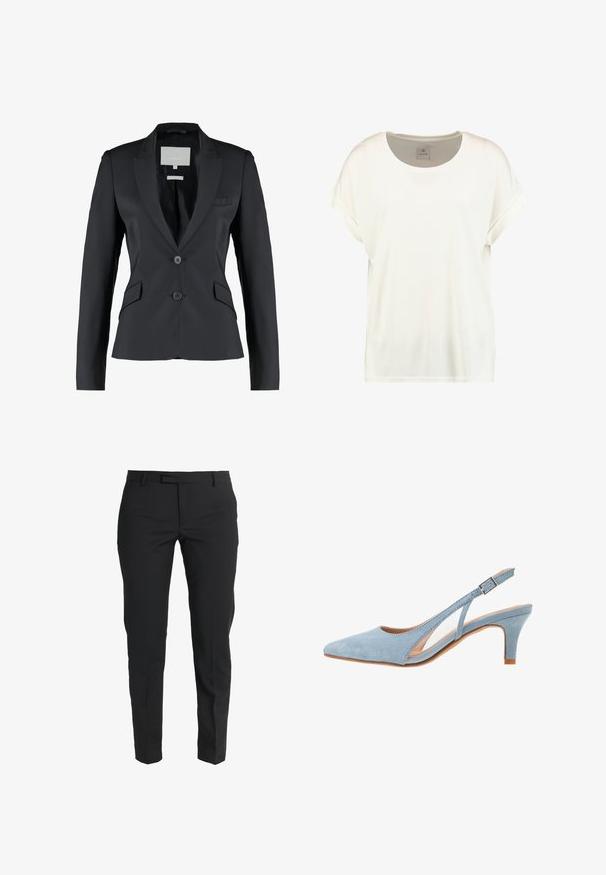 Blazer noir, coupe ajustée, en satin, revers cranté, fermeture à deux boutons, poche poitrine simple, poches latérales doubles, texture lisse.; T-shirt blanc uni à manches courtes, col rond, manches retroussées, avec une petite étiquette en tissu à l’intérieur du col portant la mention « Culture ».; Pantalons noirs sur mesure en tissu lisse, présentant une coupe slim, des jambes droites, des poches latérales et une taille plate avec une fermeture éclair.; Talons escarpins en daim bleu clair, à bout pointu, avec une bride de cheville réglable à boucle en métal, semelle intérieure beige naturel et talon bas.