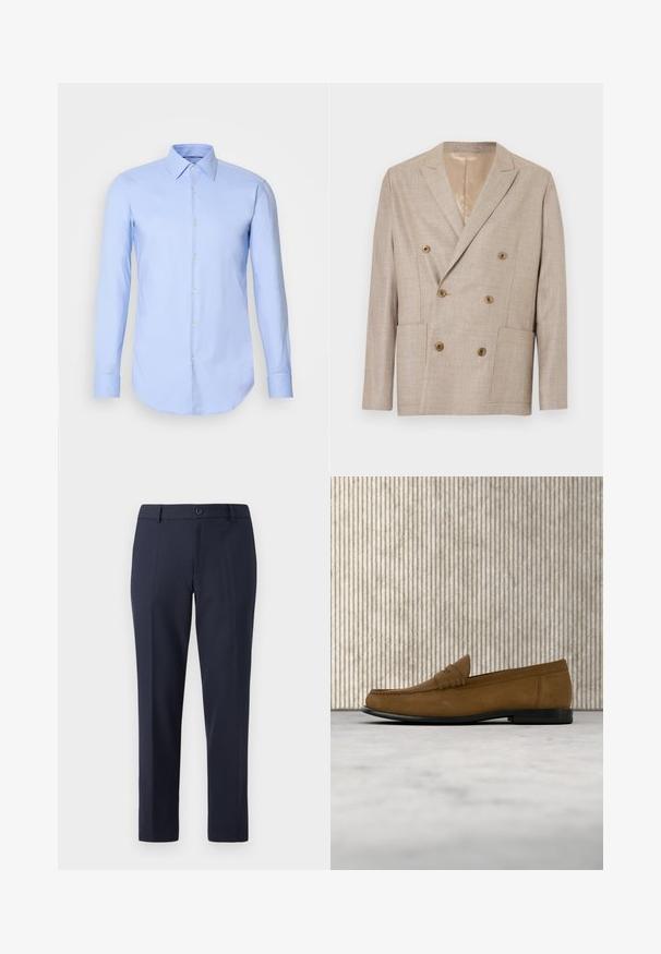 Beige dubbelbreasted blazer met twee voorzakken, bruine knopen en een gladde binnenvoering. Gestructureerde stof met een subtiel patroon.; Lichtblauw shirt met lange mouwen van katoen, met een knoopsluiting aan de voorkant, kraag en afgeronde zoom. Gladde textuur zonder patronen.; Marineblauwe broek van gladde stof, met een rechte snit, riemlussen en een enkele knoopsluiting in de taille.; Bruine suède loafer met zwarte zool zwevend boven lichtbeige tapijt, naast een ronde glanzende bruine tafelpoot.
