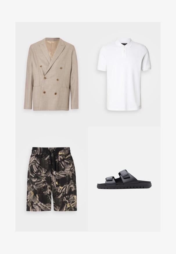 Dobbeltbrystet beige blazer med to frontlommer, brune knapper og en glat indvendig foring. Tekstureret stof med et subtilt mønster.; Hvid polo skjorte lavet af bomuld. Har en klassisk krave, tre-knaps placket og korte ærmer. Diskret logo broderet på brystet.; Sorte shorts med et iøjnefaldende, abstrakt bladmønster i grå og gule nuancer. Har en elastisk talje og snor til justerbar pasform.; Sort klipklap med to justerbare velcro-remme og en tyk, rilleret sål til afslappet brug.
