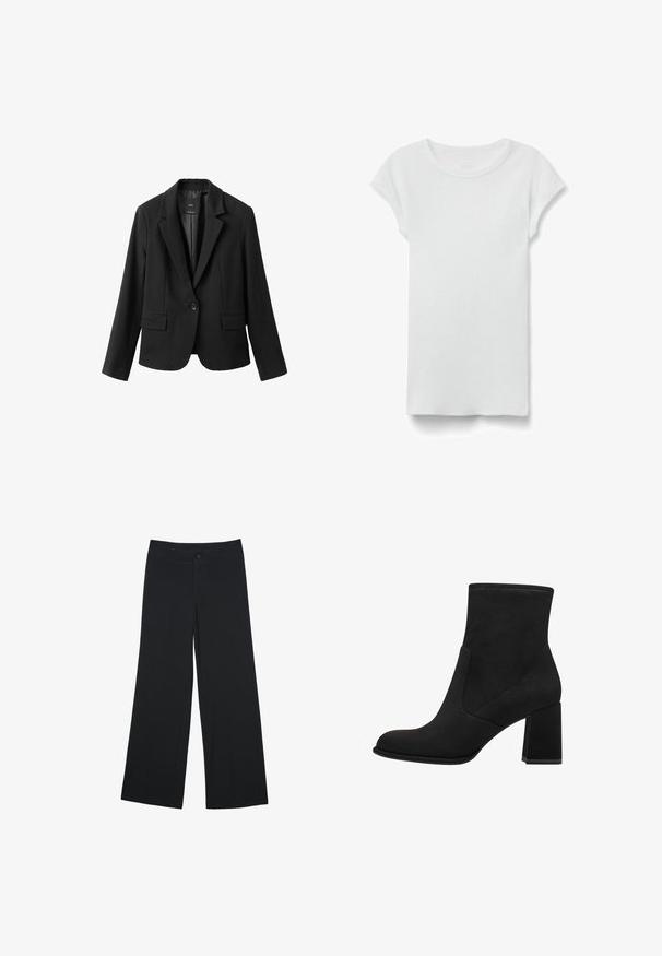 Schwarzer Blazer mit einem Knopf, mit Kantenrevers, zwei vorderen Pattentaschen und langen Ärmeln, präsentiert vor weißem Hintergrund.; Weißes kurzärmeliges, geripptes T-Shirt mit Rundhalsausschnitt, flach auf weißem Hintergrund liegend, zeigt die Vorderseite und einen einfachen, legeren Stil.; Schwarz in Stoff gefertigte weite Hosen mit Fronttaschen und Knopfverschluss. Glatte Textur, taillierte Passform und Design in voller Länge.; Schwarze Knöchelstiefel mit Blockabsatz, aus weichem Wildleder. Mit einer abgerundeten Zehe und glatten Seitenpaneelen mit detaillierter Naht.