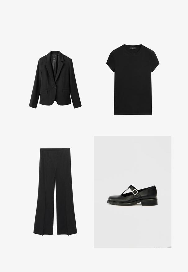 Sort enkeltknappet blazer med notch-revers, to forlommer med klap, og lange ærmer, vist på en hvid baggrund.; Sort T-shirt med korte ærmer og rund hals med synligt mærke i halsudskæringen, centralt placeret på en hvid baggrund.; Sorte brede bukser med diskrete lodrette striber og elastisk talje, præsenteret fladt på en hvid baggrund.; Sort Mary Jane-sko i læder med rund tå, T-remdesign, justerbar spænde og lav stablet hæl. Glat tekstur med minimal detaljering.