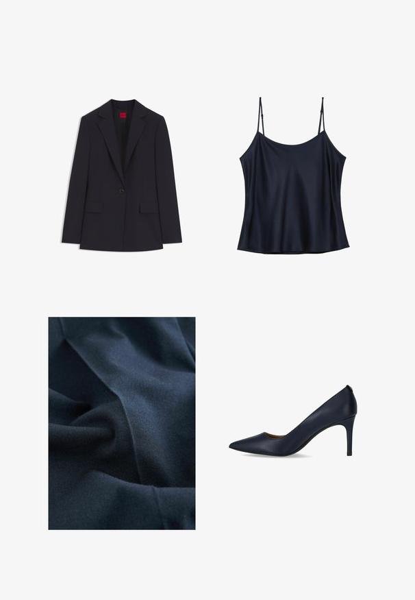 Sort enkelknaps blazer med hakkede revers, to forlommer med klap, lange ærmer og en rød Hugo-logo tag indeni kraven.; Sort ærmeløs camisole-top med tynde justerbare stropper og et glat, let skinnende stof.; Mørkeblå stof med en glat, mat overflade, der har bløde folder og krøller. Materialet virker let og falder let.; Mørkeblå højhælede pumps lavet af glat læder, med spidse tæer og en slank hæl. Enkelt design uden yderligere udsmykning.