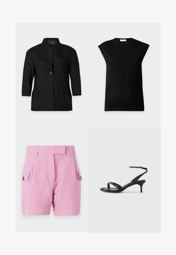 Blazer noir pour femme avec deux boutons, manches longues, col montant et poches à rabat devant, présenté sur un fond clair uni.; Haut en maille noir sans manches avec épaules rembourrées et col rond, présenté sur un fond gris clair uni.; Shorts rose clair avec un design ajusté, devant plat, poches latérales avec fermetures à bouton et une texture de tissu lisse.; Sandale pour femme en cuir noir avec fines lanières, une boucle d'orteil, une boucle à la cheville et un talon aiguille de hauteur moyenne sur un fond neutre.