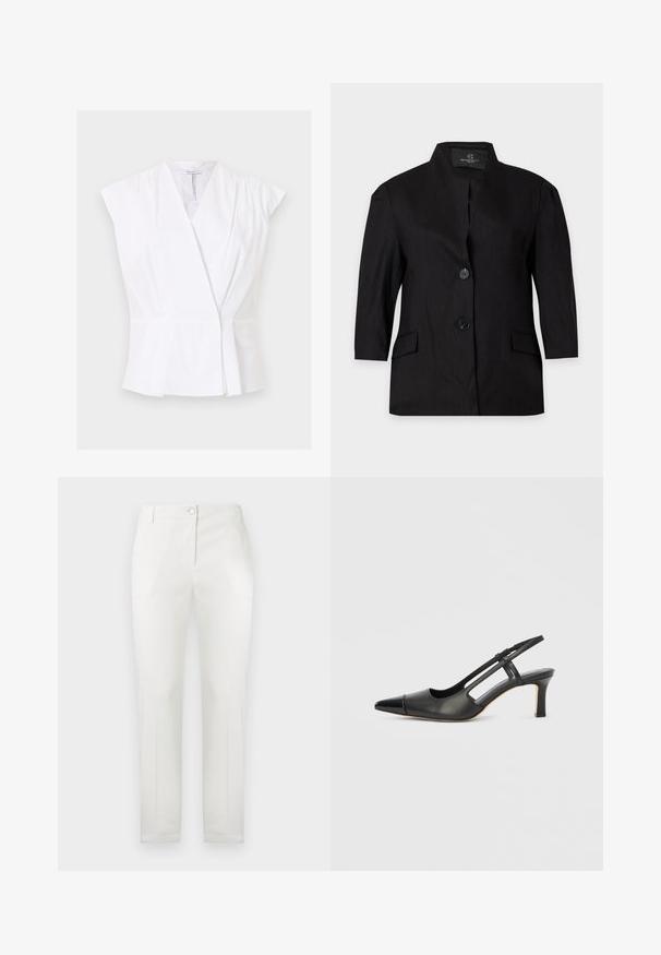Blazer noir pour femme avec deux boutons, manches longues, col montant et poches à rabat devant, présenté sur un fond clair uni.; Blouse blanche sans manches à effet cache-cœur avec décolleté en V et légers plis près des épaules et de la taille sur un fond uni.; Pantalon blanc ajusté et sur mesure, fermeture à bouton et zip à l'avant, passants pour ceinture, et plis marqués le long des jambes.; Chaussure à bride arrière en cuir noir avec bout pointu, dotée d'un accent brillant sur le bout et d'un talon de hauteur moyenne. Design latéral ouvert.