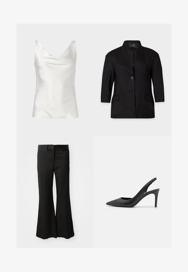 Blazer noir pour femme avec deux boutons, manches longues, col montant et poches à rabat devant, présenté sur un fond clair uni.; Haut caraco sans manches en satin blanc avec un décolleté drapé et une texture lisse et brillante.; Pantalons évasés noirs en matériau lisse, avec une taille mi-haute et un design épuré et ajusté sans ornements visibles.; Escarpins à talon aiguille en cuir noir, avec un design à bout pointu, présentant une découpure à l'avant et un talon fin.