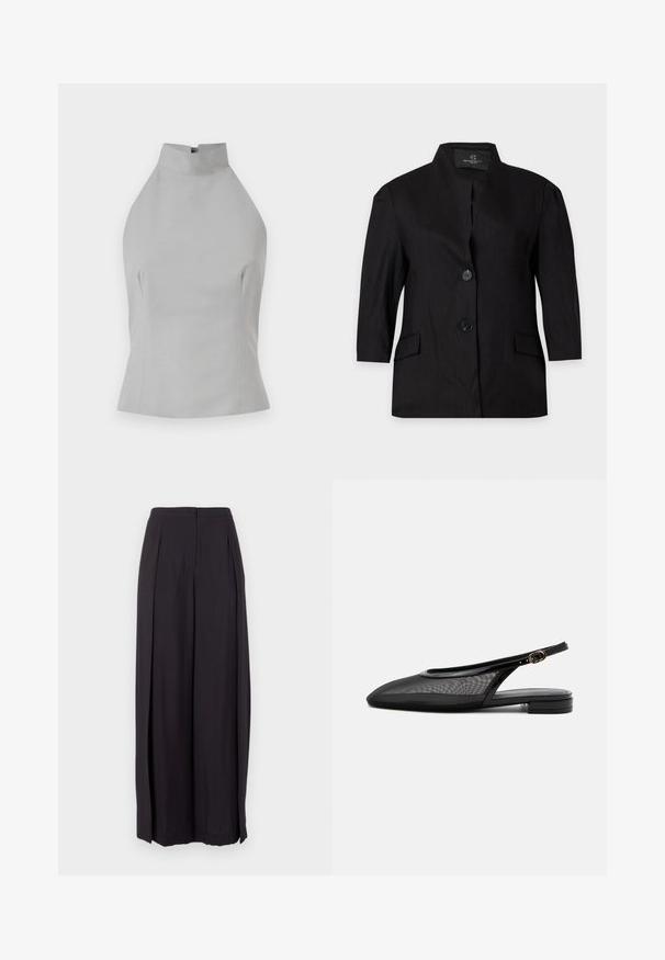 Sort kvindeblazer med to knapper, lange ærmer, høj krave og forlommer med klap, vist på en ensartet lys baggrund.; Grå halterneck top med høj halsudskæring, skræddersyet pasform, glat tekstur og sømdetaljer på siderne. Ingen synlige lukninger.; Sorte bukser med høj talje og vide ben, med knaplukning foran og skjult lynlås, samt diskrete plisseringer i siden.; Sort slingback flad sko med spids tå, mesh overdel, justerbar spænde rem og lav stablet hæl på hvid baggrund.