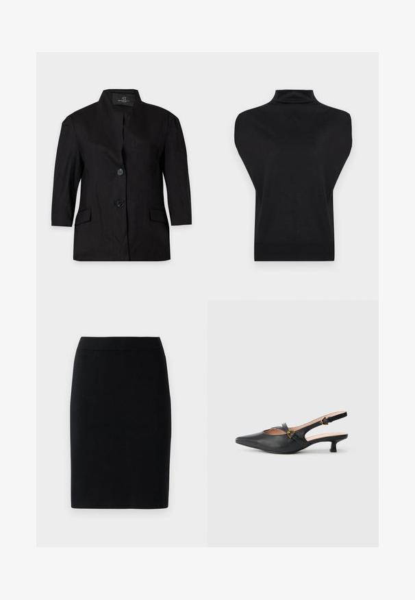 Zwarte damesblazer met twee knopen, lange mouwen, hoge kraag en voorzakken met kleppen, weergegeven op een effen lichte achtergrond.; Zwarte mouwloze coltrui met brede schouderpanelen en aansluitende geribbelde zoom, gepresenteerd tegen een witte achtergrond.; Zwarte kokerrok tot de knie met een elastische tailleband tegen een effen witte achtergrond.; Zwarte leren slingback pump met puntige neus, kleine hak, open ontwerp en goudkleurige gespdetail op het bandje.