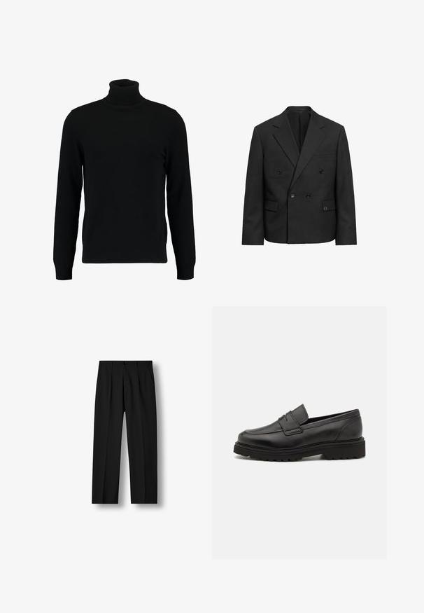 Blazer noir à double boutonnage avec revers à encoche, quatre boutons, deux poches à rabat et une poche poitrine passepoilée, présenté sur un fond blanc.; Un pull à col roulé noir en matière tricotée douce. Il possède des manches longues, un col et un ourlet côtelés. Son design est simple et épuré, sans motifs.; Pantalon noir droit avec plis devant, taille boutonnée et poches latérales sur un fond blanc uni.; Mocassin en cuir noir avec un bout rond, des détails cousus, et une semelle épaisse et texturée. Présente un design élégant et minimaliste.