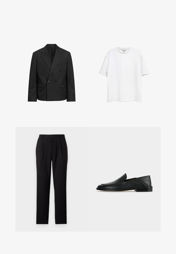 Zwarte double-breasted blazer met inkeping revers, vier knopen, twee klepzakken en een borstzak met bies, weergegeven op een witte achtergrond.; Effen witte T-shirt met korte mouwen, ronde hals en losse pasvorm, met een klein label aan de binnenkant van de hals.; Zwarte broek met een rechte pijpdesign, gemaakt van gladde stof. Kenmerkt zich door voorvouwen en een knoopsluiting aan de taille.; Zwarte leren instapsneaker met lage hak en afgeronde neus, weergegeven op een effen witte achtergrond.