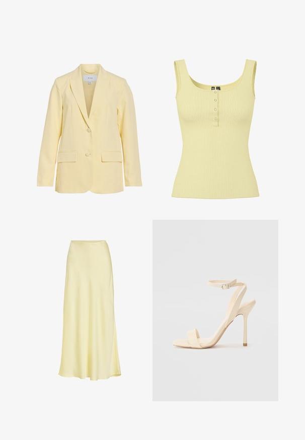 Blazer jaune clair ajusté avec deux boutons, revers crantés, manches longues et deux poches avant à rabat.; Débardeur jaune pâle côtelé sans manches avec encolure carrée et quatre petits boutons pression à l'avant.; Jupe longue en satin jaune pâle avec une légère évasement et une texture lisse, présentée sur fond blanc.; Sandale à talon haut beige avec une sangle fine autour de la cheville et un bout carré. Matériau synthétique lisse, design minimaliste et talon aiguille.