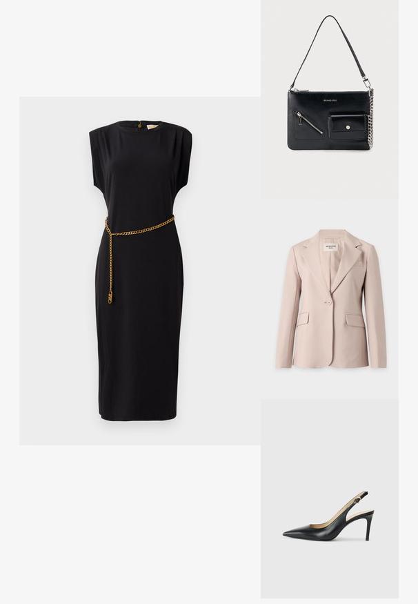 Blazer beige pour femme à un bouton unique, avec revers crantés et deux poches avant à rabat, suspendu sur un fond blanc.; Robe midi noire avec des manches courtes, un col rond, des détails plissés et une ceinture en chaîne dorée, fabriquée en tissu lisse.; Escarpins en cuir noir avec une pointe fine, une bride ajustable et un talon aiguille élégant, présentant une finition lisse.; Sac à bandoulière en cuir noir Michael Kors avec fermeture éclair supérieure, poche avant zippée en diagonale, poche à rabat avec bouton-pression et détail en chaîne argentée.