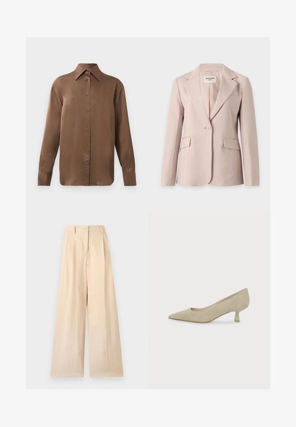 Blazer beige para mujer con un solo botón, solapas con muesca y dos bolsillos delanteros con solapa colgando sobre un fondo blanco.; Camisa de botones de manga larga marrón con cuello y puños puntiagudos, exhibida sobre un fondo blanco liso.; Pantalones beige de talle alto y pierna ancha con trabillas para cinturón y cremallera frontal sobre un fondo claro liso.; Zapato de tacón bajo tipo «kitten heel» en ante beige con punta puntiaguda sobre un fondo blanco liso.