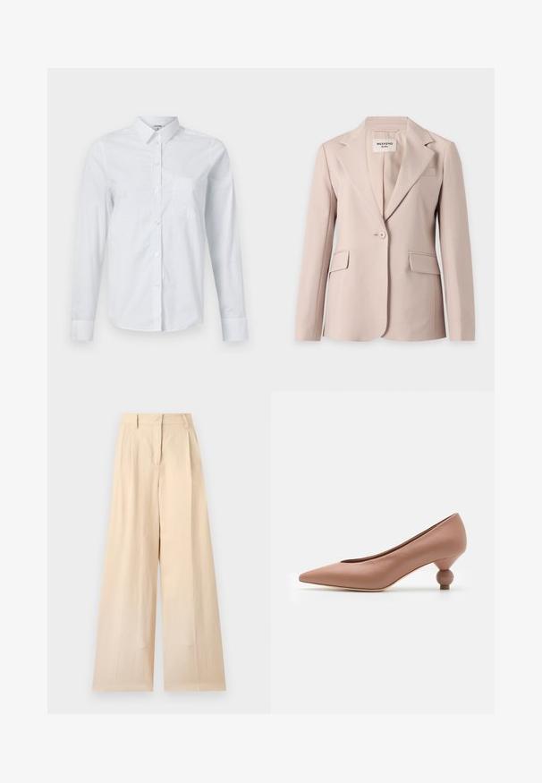 Beige damesingle-knap blazer med notch revers og to forlommer med klapper hængende mod en hvid baggrund.; Hvid langærmet skjorte lavet af bomuld, med krave, knaplukning foran og en enkelt brystlomme. Glat tekstur. Ingen mønstre.; Beige højtaljede bukser med vide ben, bæltestropper og forlynlås på en ensfarvet lys baggrund.; Weekend Max Mara RENZA - Pumps - nudo