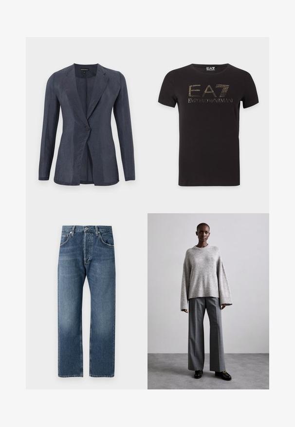 Dunkelblauer Ein-Knopf-Blazer mit langen Ärmeln, Revers mit Kerbe und leicht strukturierter Stoff.; Schwarzes T-Shirt mit kurzen Ärmeln und goldfarbenem EA7 Emporio Armani Logo, mittig auf der Brust, vor weißem Hintergrund.; Blaue gerade geschnittene Jeans aus Denim mit klassischem Fünf-Taschen-Design und Knopfverschluss, vor einem weißen Hintergrund präsentiert.; Grauer Strickpullover mit weiten Ärmeln und geripptem Saum, kombiniert mit hochtaillierten grauen Hosen mit dezentem Karomuster und schwarzen Loafers.