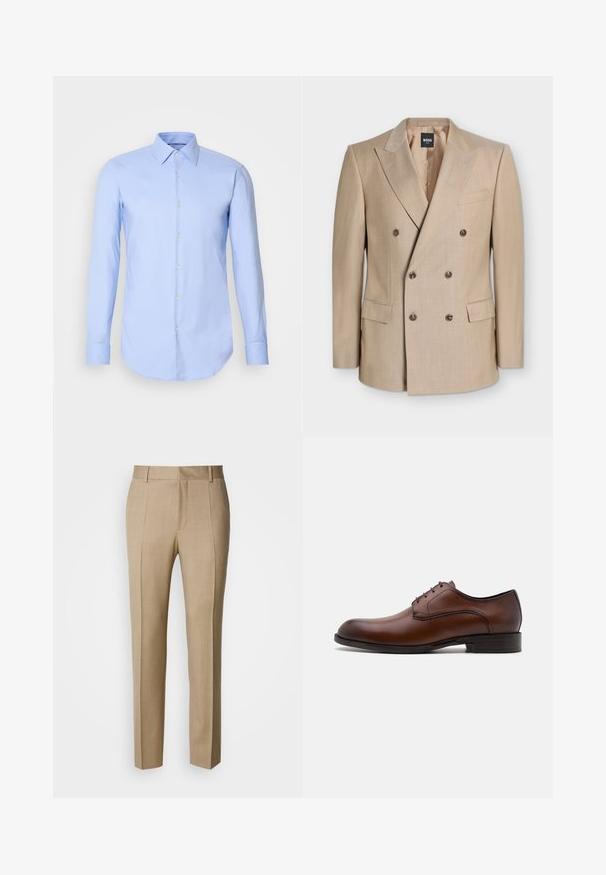 Beiger, doppelreihiger Blazer mit Kerbklappen, sechs Knöpfen, zwei Pattentaschen und einer Brustleistentasche mit BOSS ONE-Etikett innen am Kragen.; Helleblaue Langarmbluse aus Baumwolle, mit durchgehender Knopfleiste, Kragen und abgerundetem Saum. Glatte Textur ohne Muster.; Beige maßgeschneiderte Hose mit strukturierter Stoffqualität, flacher Front und geraden Beinen. Verfügt über Seitentaschen und Gürtelschlaufen und bietet einen eleganten Look.; Brauner Lederschuh mit elegantem Design, runder Spitze, fünf Ösen-Schnürung und niedrigem gestapeltem Absatz. Verfügt über dezente Nähte.