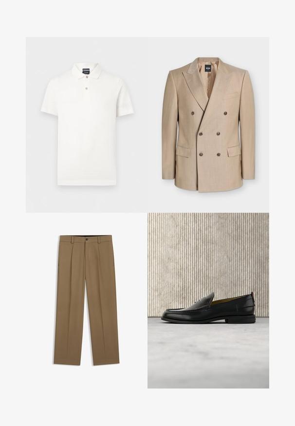 Blazer beige croisé avec revers crantés, six boutons, deux poches à rabat et une poche poitrine passepoilée, étiquette BOSS ONE à l’intérieur du col.; Polo blanc à manches courtes avec un tissu à motif texturé, deux boutons au col et une étiquette de marque à l'intérieur du col.; Pantalon droit marron avec passants de ceinture, bouton sur le devant et fermeture éclair, présenté à plat sur fond blanc.; Mocassin pour homme en cuir noir avec un dessus embossé effet croco et un petit talon, présenté de profil sur un fond neutre.
