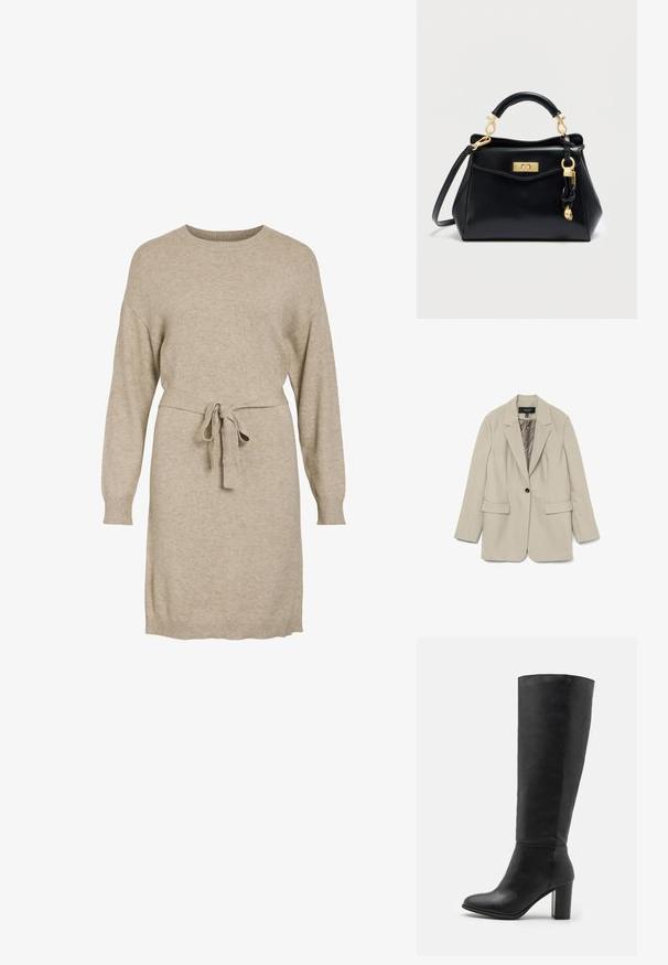 Beigen värinen yksirivinen bleiseri lapelikauluksilla, kahdella etutaskulla ja sileällä satiinin kaltaisella vuorella, esitetty valkoisella taustalla.; Beige neulemekko pitkillä hihoilla, pyörökaula-aukolla ja vyötäröllä sitomisvyöllä. Ominaisuuksia ovat ribbitut hihat ja helma tekstuurikontrastia varten.; Mustat polvipituiset saappaat, jotka on valmistettu sileästä nahasta, ja joissa on paksu korko ja pyöreä kärki. Minimalistinen muotoilu ilman näkyvää varustusta tai koristeita.; Musta nahkainen käsilaukku, jossa on jämäkkä muoto, kullanväriset metalliosat, irrotettava olkahihna ja päällä oleva kahva strukturoidulla yksityiskohdalla.