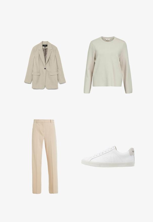 Blazer beige à un bouton avec revers, deux poches avant à rabat, et doublure intérieure lisse de type satin, présenté sur un fond blanc.; Pull beige clair à manches longues avec un col rond. Fabriqué en maille texturée, présentant des épaules légèrement tombantes et une coupe décontractée.; Pantalons beige ajustés en tissu lisse, avec une coupe droite, des poches latérales et des détails de pli à l'avant.; Baskets en cuir blanc avec une semelle en caoutchouc texturée et blanc cassé. Les caractéristiques incluent des lacets, des coutures discrètes et un accent en daim gris au niveau du talon.