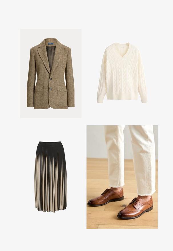Brun uldblazer med fiskebenmønster, krave med revers, to forreste knapper, klaplommer og mørk satinfor.; Cremefarvet kabelstrikket sweater med lange ærmer og ribstrikket V-hals, kant og manchetter på hvid baggrund.; Fald midi med plissering i sort og beige med høj elastisk talje, der har lodrette striber og en strømlinet design, der giver bevægelse.; Brune læder brogue sko med perforerede detaljer, rund tå og en glat overflade, parret med cremede bukser med frynset kant.