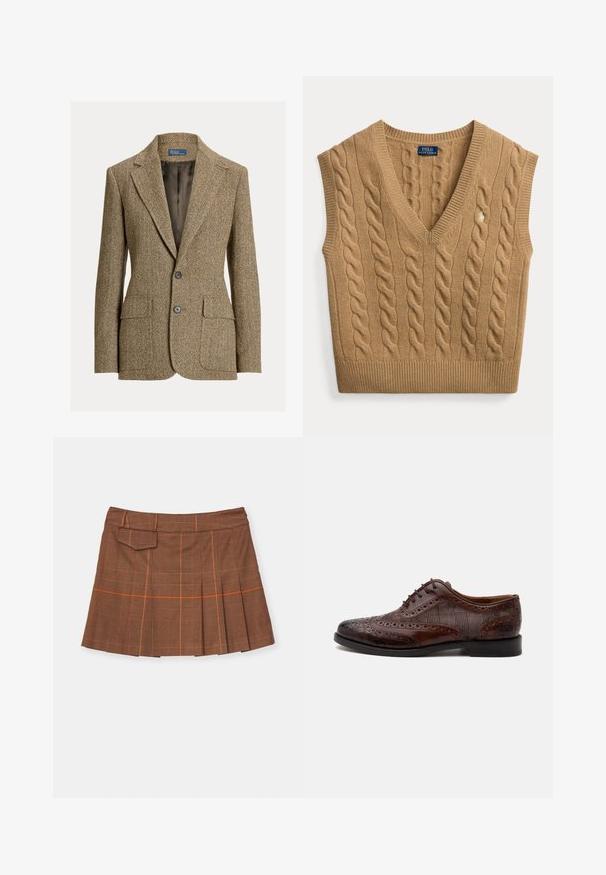 Brun uldblazer med fiskebenmønster, krave med revers, to forreste knapper, klaplommer og mørk satinfor.; Camelbrun kabelstrikket ærmeløs V-hals sweater vest med Polo Ralph Lauren mærke og lille broderet logo foran.; Brunternetternet skørt med plisseret design, orange detaljer og en sidelomme. Fremstillet af tekstureret materiale med en tætsiddende talje.; Brun læder herre wingtip selskabssko med brogue-detaljer og ternede stofsider, vist fra siden på en hvid baggrund.