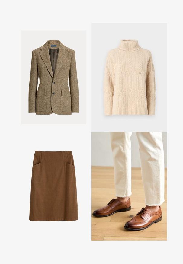 Bruine wollen blazer met visgraatmotief, reverskraag, twee voorste knopen, klepzakken en een donkere satijnen voering.; JDY JDYELBA LIFE ROLL NECK - Trui - sandshell; Bruine katoen rok met een aansluitende taille, twee zijzakken en een rechte snit. De stof heeft een zachte textuur en een subtiele glans.; Bruine leren brogueschoenen met geperforeerde details, ronde neus en een gladde afwerking, gecombineerd met crèmekleurige broek met franje aan de onderkant.
