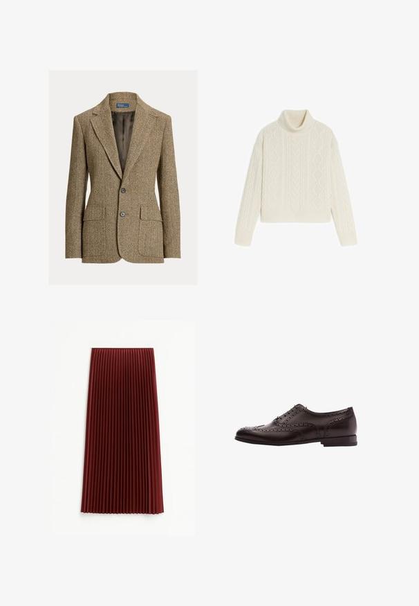 Bruine wollen blazer met visgraatmotief, reverskraag, twee voorste knopen, klepzakken en een donkere satijnen voering.; Rodier TWISTED - Trui - blanc; Plissé midi-rok in diep rood, met een gestructureerde stof en gelijkmatig verdeelde verticale plooien. De zoom valt rond de middenkuit.; Bruine leren schoenen met brogue-details, vetersluiting, ronde neus en een lage gestapelde hak. Gepolijste afwerking en ingewikkelde perforaties.