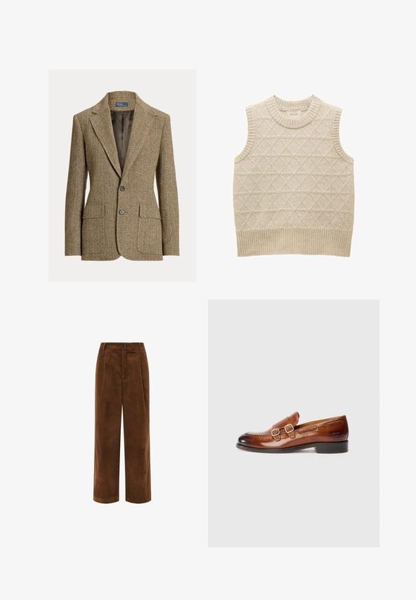Pruun kalasaba villast bleiser, läikiva kraega, kahe esikinnise, klapiga taskute ja tumeda satiinvoodriga.; Beez värvi kudum sleeveless sviiter, millel on teemantmuster, soonikkoes kaelus ja äär, valmistatud pehmest materjalist mugavuse tagamiseks. Brändi silt nähtav seest.; Pruunist kadunud laia säärega püksid, millel on tekstuuriga pind, volditud esiosa ja tõmblukk. Vöökoha peal on väike brändi silt.; Pruunist nahast loafersid kahe pandlaga, ümar näpp, õmblusdetailid ja madal konts; poleeritud viimistlus ja reljeefne bränding küljel.