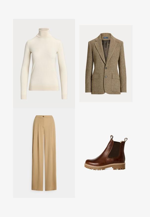 Brauner Wollblazer im Fischgrätenmuster mit Reverskragen, zwei vorderen Knöpfen, Klappentaschen und dunklem Satinfutter.; Cremfarbener Rollkragenpullover aus weichem Stoff, mit langen Ärmeln und tailliertem Design. Mit kleinem goldenen Logo am Saum.; Beige Hosen mit weitem Bein aus glattem Stoff. Verfügen über einen Knopfverschluss, Falten vorne und eine entspannte Passform mit geradem Schnitt.; Tamaris ELEGANTE MIT REMOVABLE SOCK - Ankle Boot - cognac