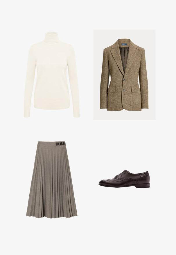 Blazer en laine marron motif chevrons avec col à revers, deux boutons devant, poches à rabat et doublure en satin foncé.; Pull à col roulé crème fabriqué à partir d'un tissu en maille doux. Il dispose de manches longues et de poignets et d'un ourlet côtelés.; Jupe plissée à motif à carreaux, dotée d'une ceinture sombre avec une boucle. Fabriquée à partir d'un tissu texturé dans des teintes de brun et de crème.; Chaussure habillée en cuir marron avec des détails de brogue, fermeture à lacets, bout arrondi et un petit talon empilé. Fini poli et perforations complexes.