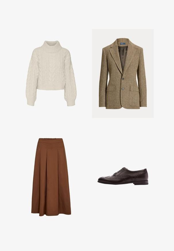 Blazer en laine marron motif chevrons avec col à revers, deux boutons devant, poches à rabat et doublure en satin foncé.; Vero Moda Knitted VMDREAM Knitted - Pullover - birch; Jupe midi marron en forme trapèze avec plis à l'avant et taille élastique, en tissu lisse.; Chaussure habillée en cuir marron avec des détails de brogue, fermeture à lacets, bout arrondi et un petit talon empilé. Fini poli et perforations complexes.