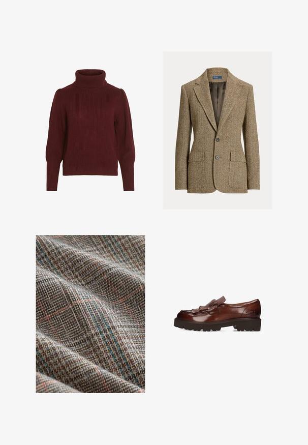 Blazer marrón de lana con espiga, cuello con solapa, dos botones delanteros, bolsillos con solapa y forro de satén oscuro.; Suéter de punto burdeos con cuello alto, textura acanalada, mangas largas y detalles fruncidos en los hombros.; Tela de tweed marrón y beige con líneas de cuadros rojos y azules, mostrando tejido texturizado y pliegues suaves.; Mocasines de cuero marrón con un detalle de flecos y una suela sólida y texturizada. Presentan un acabado suave y un logotipo grabado en el lateral.