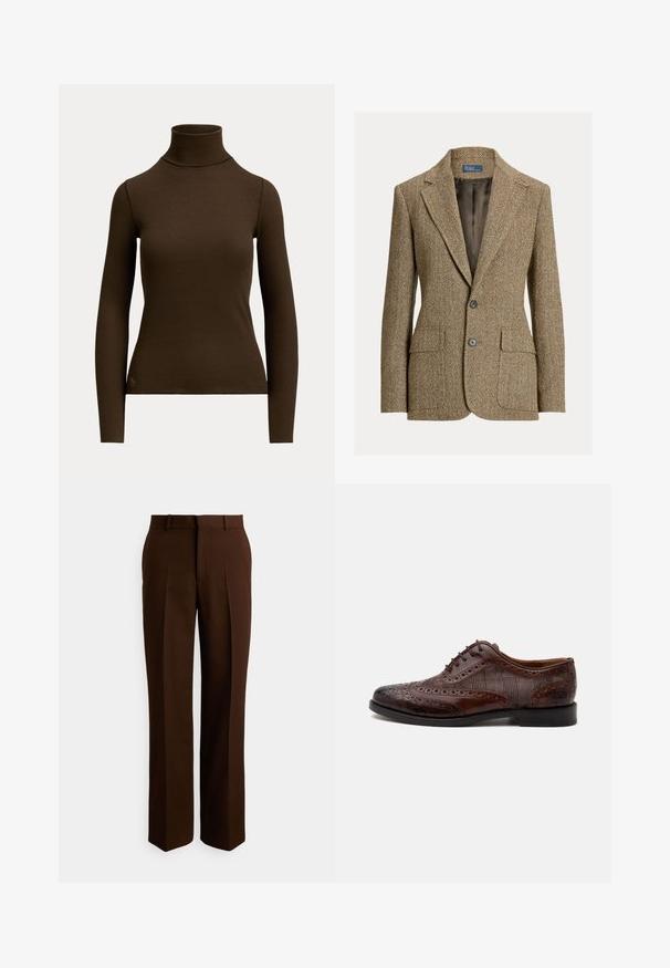 Bruine wollen blazer met visgraatmotief, reverskraag, twee voorste knopen, klepzakken en een donkere satijnen voering.; Donkerbruine, geribde, coltrui met lange mouwen, getailleerd silhouet en klein logo vlak bij de onderste zoom aan de voorkant links.; Bruine, op maat gemaakte broek met een rechte pijp, gemaakt van gladde stof, voorzien van plooien en een standaard tailleband met lussen voor een riem.; Bruine leren herenschoen met vleugelstuk, brogue-details en geruite stoffen zijpanelen, zijaanzicht op een witte achtergrond.