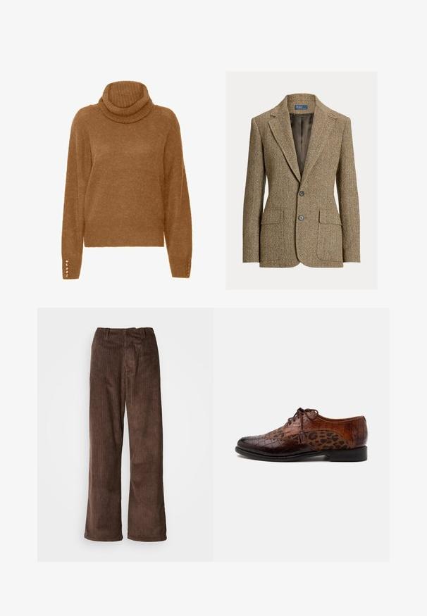 Blazer en laine marron motif chevrons avec col à revers, deux boutons devant, poches à rabat et doublure en satin foncé.; Pull à col roulé marron avec une finition douce et texturée et des manches longues. Présente des accents semblables à des perles sur les poignets.; Pantalons en velours côtelé marron avec une coupe ample, présentant des côtes verticales et une ceinture. Le tissu a une apparence douce et texturée.; Chaussure habillée en cuir marron avec texture crocodile et panneaux en tissu imprimé léopard, fermeture à lacets et détail pompon sur le côté.