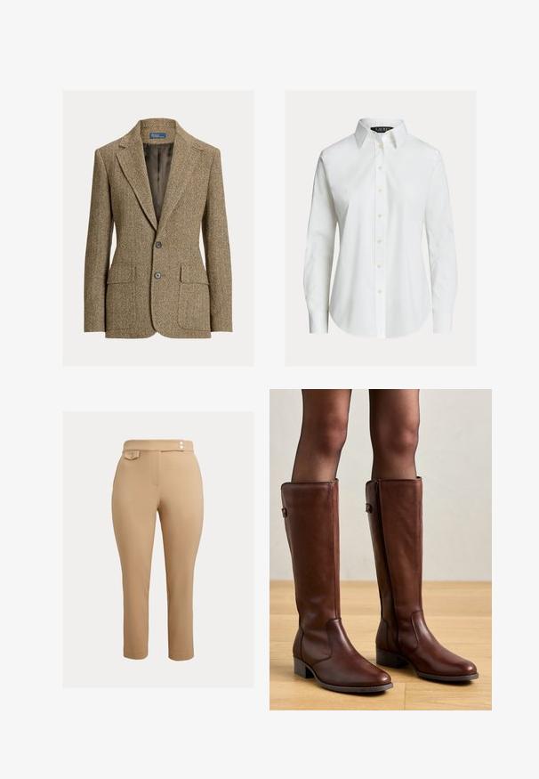Brun uldblazer med fiskebenmønster, krave med revers, to forreste knapper, klaplommer og mørk satinfor.; Hvid skjorte med lange ærmer, knapper foran, spids krave og let buet kant.; Beige slim-fit bukser med høj talje, der har to små dekorative knapper ved taljen og en knappet klaplomme på højre side.; Anna Field by Zalando LEATHER - Høje støvler/ Støvler - brown