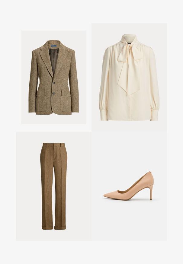 Blazer en laine marron motif chevrons avec col à revers, deux boutons devant, poches à rabat et doublure en satin foncé.; Blouse crème à manches longues avec col montant et grand nœud noué au cou, épaules froncées et poignets boutonnés.; Pantalon droit à carreaux marron avec passants pour ceinture et ourlets retroussés, présenté sur un fond uni.; Escarpin nude en cuir à talons hauts, à bout pointu, avec une texture lisse et un talon fin. Design minimaliste avec un décolleté bas.