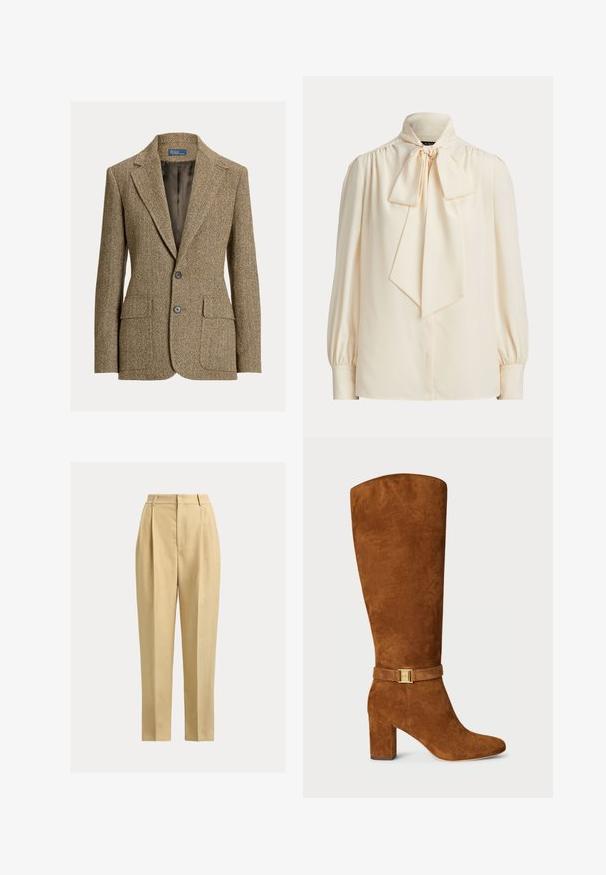 Bruine wollen blazer met visgraatmotief, reverskraag, twee voorste knopen, klepzakken en een donkere satijnen voering.; Crèmekleurige blouse met lange mouwen, hoge kraag en grote gestrikte strik aan de hals, met geplooide schouders en knoopmanchetten.; Beige, hooggetailleerde broek gemaakt van een lichtgewicht stof. Voorzien van een geplooide voorkant en rechte pijpen. Zonder zakken of versieringen.; Bruine suède kniehoge laars met een vierkante neus, chunky hak en een goudkleurige gespdetail op een bijpassende suède band om de enkel.