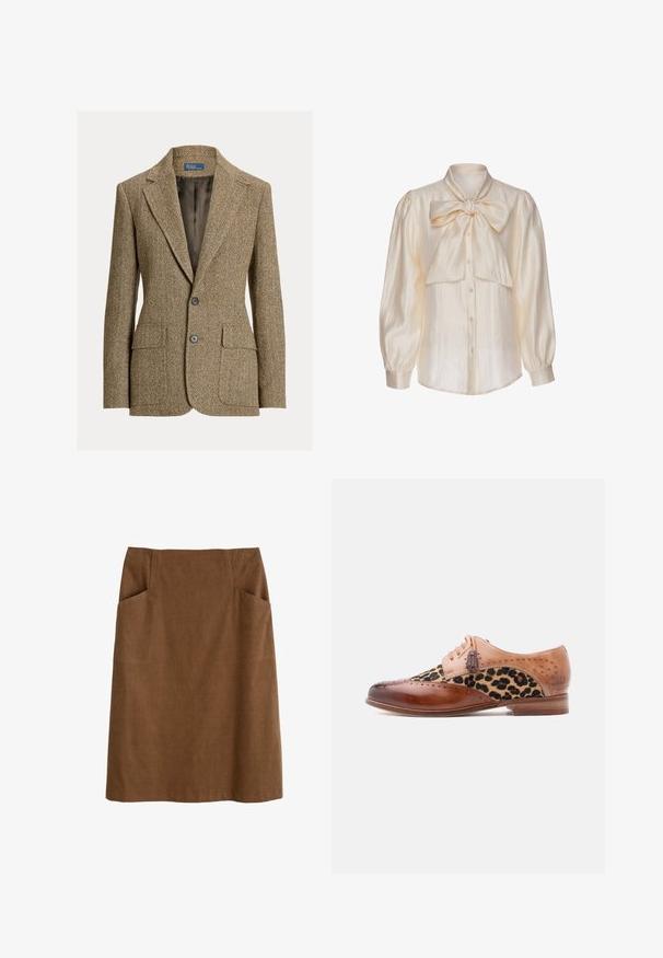 Bruine wollen blazer met visgraatmotief, reverskraag, twee voorste knopen, klepzakken en een donkere satijnen voering.; Crèmekleurige satijnen blouse met lange opgepofte mouwen, knoopsluiting aan de voorkant en een grote gestrikte strik bij de kraag.; Bruine katoen rok met een aansluitende taille, twee zijzakken en een rechte snit. De stof heeft een zachte textuur en een subtiele glans.; Bruine leren nette schoen met een paneel van luipaardprintstof, sierlijke perforaties, sierstrikaccenten en een lage houten hak.