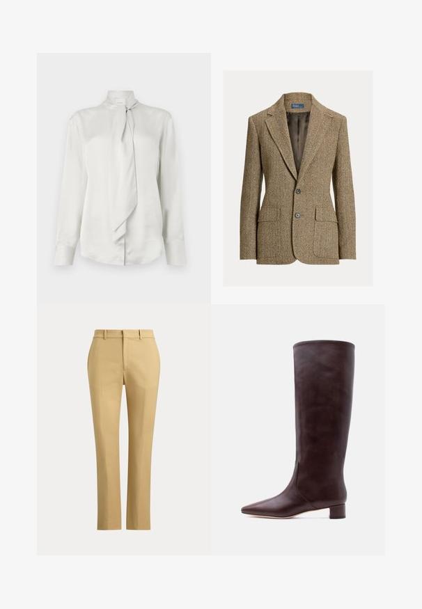 Blazer marrón de lana con espiga, cuello con solapa, dos botones delanteros, bolsillos con solapa y forro de satén oscuro.; Blusa blanca de manga larga con cuello alto y detalle de bufanda atada en la parte delantera, hecha de una suave tela similar al satén.; Pantalones beige de pierna recta con presillas para cinturón, cremallera frontal y pliegues ajustados sobre un fondo liso y claro.; Bota alta de cuero marrón con punta puntiaguda y tacón bajo en bloque, de pie sobre un fondo claro y sencillo.