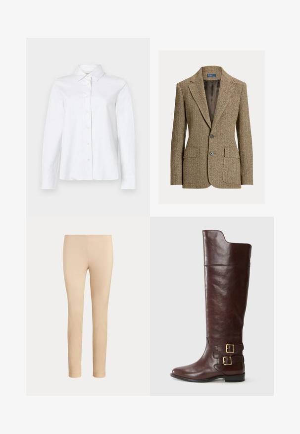 Blazer marrón de lana con espiga, cuello con solapa, dos botones delanteros, bolsillos con solapa y forro de satén oscuro.; CLOSED CLASSIC SHIRT WITH STRAP DETAIL - Blusa - white; Pantalones beige ajustados hasta el tobillo con un acabado liso y sin bolsillos visibles ni adornos sobre un fondo liso.; Bota de cuero marrón hasta la rodilla con punta redonda, que presenta dos hebillas en tono dorado en el tobillo y una textura suave y pulida.