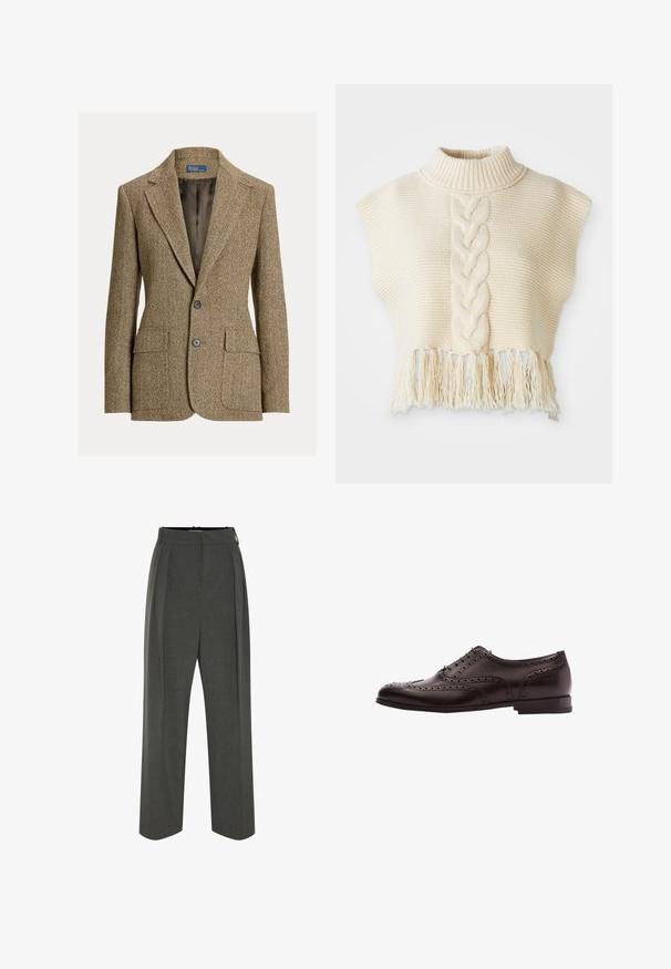 Brun uldblazer med fiskebenmønster, krave med revers, to forreste knapper, klaplommer og mørk satinfor.; Elfenbenstrikket sweater med høj krave, med et centralt flettet mønster og frynset kant. Korte, cap-sleeve ærmer, tekstureret stof.; Grå viddebukser i tekstureret stof med højtaljet pasform og forreste læg. Designet har en glat linning uden synlige lukninger.; Brune læder dress sko med brogue-detaljer, snørebånds lukning, rund tå og en lav stablet hæl. Poleret finish og indviklede perforeringer.