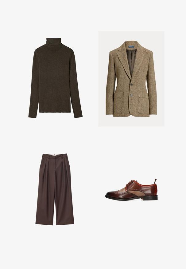Brun uldblazer med fiskebenmønster, krave med revers, to forreste knapper, klaplommer og mørk satinfor.; Mørkebrunt turtleneck top lavet af blød, struktureret stof. Har lange ærmer og en tætsiddende pasform, med en glat halsudskæring.; Brune højtaljede bukser med vide ben, forreste læg, bæltestropper og skjult frontlukning.; Brun tofarvet herresko i læder med brogue-detaljer, snørelukning og sort sål, vist fra siden på hvid baggrund.