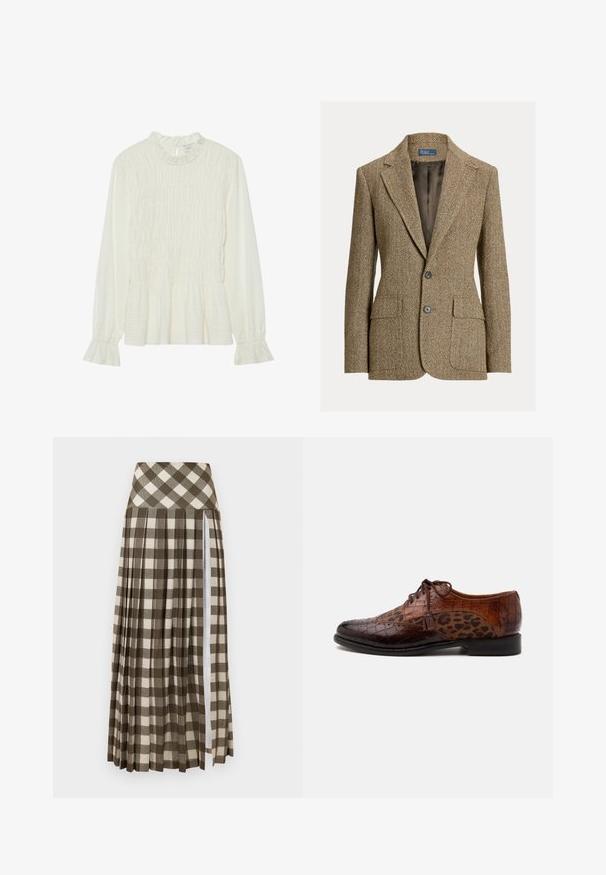 Brown herringbone wool blazer with lapel collar, two front buttons, flap pockets, and dark satin lining.; White long-sleeve blouse featuring a ruffled neckline, smocked body, and flared cuffs, made from textured fabric with a peplum hem.; Long, pleated skirt featuring a brown and beige checkered pattern. High waist design with a side slit and soft fabric texture.; Brown leather dress shoe with crocodile texture and leopard print fabric panels, lace-up closure, and tassel detail on side.