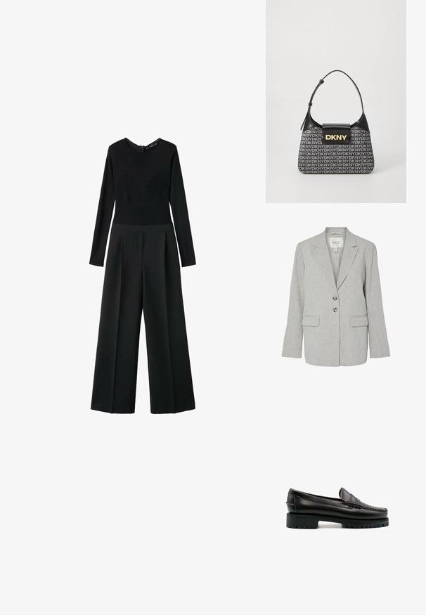 Blazer de lino gris claro con solapas con muesca, dos botones delanteros, bolsillos con solapa y un ajuste entallado.; Mono negro de manga larga con cuerpo de textura acanalada y pantalones de pierna ancha, con escote redondo y cierre de cremallera en la espalda.; Mocasín de cuero negro con costuras decorativas y un ligero tacón. Presenta una suela de goma gruesa con ranuras para mayor tracción.; Bolso de hombro de estampado negro y gris con un asa curvada, que cuenta con un panel negro plano y el logo dorado "DKNY" en la parte frontal.