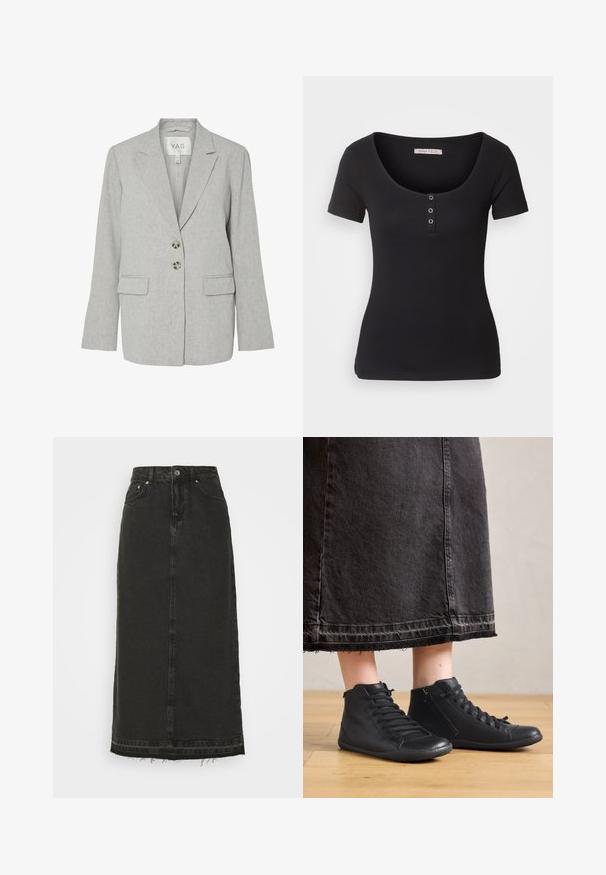 Blazer en lin gris clair avec col à revers crantés, deux boutons sur le devant, poches à rabat et coupe cintrée.; T-shirt noir à côtes avec des manches courtes et un décolleté large en scoop. Présente trois accents de boutons argentés à l'avant. Texture douce.; Jupe midi en denim noir avec taille ajustée, fermeture à boutons sur le devant et ourlet effiloché. Présente un design classique à cinq poches et une légère texture.; Chaussures montantes en cuir noir avec une texture lisse, dotées de lacets et d'une fermeture éclair sur le côté. Portées avec une longue jupe en denim noire.