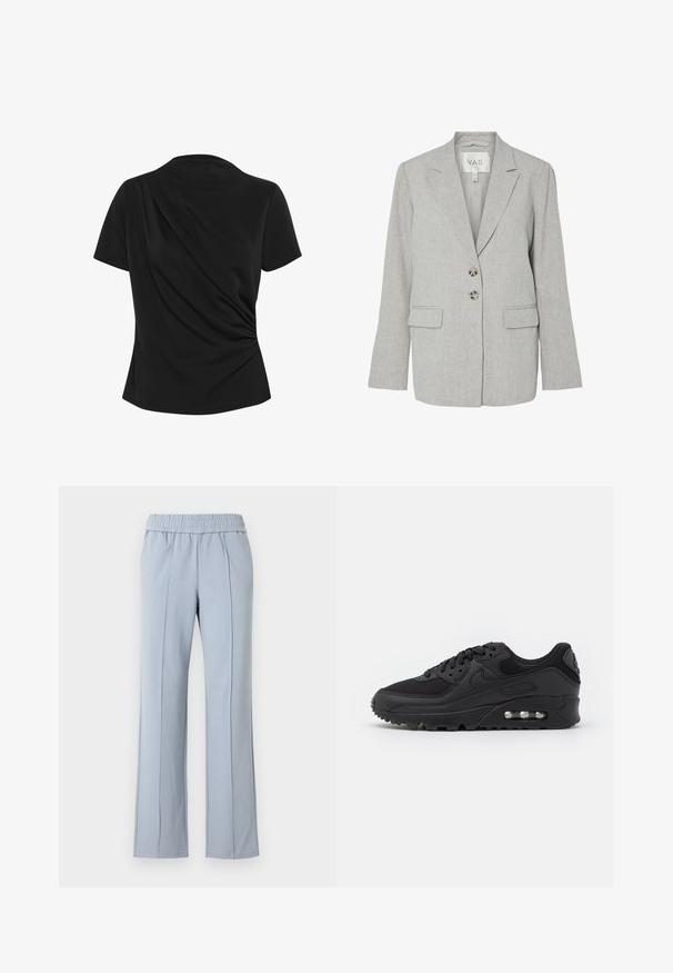 Blazer de lino gris claro con solapas con muesca, dos botones delanteros, bolsillos con solapa y un ajuste entallado.; Top negro de manga corta con detalles drapeados en la parte trasera, hecho de una tela suave, con un escote redondo y una silueta ajustada.; Pantalones azul claro con cinturilla elástica, diseño de pierna recta y pliegues delanteros. Hechos de tela suave con una textura lisa.; Deportivas negras con un upper de cuero liso y malla, punta redonda, acentos texturizados y una unidad de aire visible en la suela.
