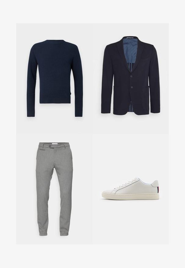 Blazer marine avec un design structuré, deux poches avant et deux boutons. L'intérieur présente une doublure bleue à motifs.; Pull en maille bleu marine avec un motif texturé, manches longues, col rond, et poignets et ourlet côtelés. Présente un logo discret sur le côté.; Pantalon gris en tissu texturé et tissé ; coupe ajustée ; design à cinq poches ; fermeture à bouton ; chevilles fuselées ; motif subtil.; Baskets en cuir blanc avec une texture lisse, bout rond, semelle plate et lacets ton sur ton. Présente un accent rayé coloré sur le talon.