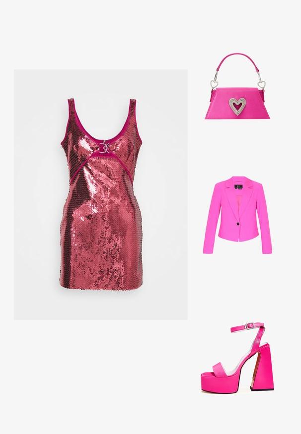 Lyserød woman's blazer med lange ærmer, enkelt sort knaplukning og notch revers krave.; Pailletkjole i skinnende pink med en tætsiddende design. Har en dyb udskæring, brede stropper og en dekorativ hardwaredetalje foran.; Lyserøde platform sandaler med bred firkantet hæl, ankelrem, glat finish og åben tå design. Spændeaccent ved anklen.; Lyserød lædertaske med en trekantet form, der har en rhinsten-hjerte detalje på fronten og et slankt håndtag med hjerteformede metalbeslag.
