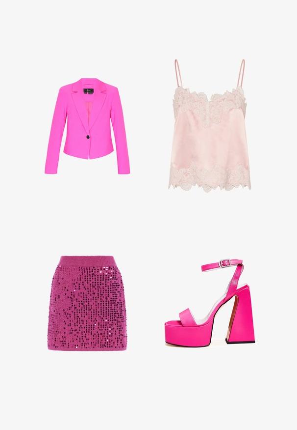 Leuchtend pinkes Damenblazer mit langen Ärmeln, einzelner schwarzer Knopfleiste und Reverskragen mit Ausschnitt.; Hellrosa Satin-Camisole mit weißer Spitzenverzierung entlang des Ausschnitts und Saums, mit dünnen, verstellbaren Trägern.; Magenta gestrickter Minirock, dekoriert mit vertikalen Reihen glänzender Pailletten und einem gerippten Bund.; Rosa Plateausandalen mit breitem quadratischem Absatz, Knöchelriemen, glatter Oberfläche und offener Zehenpartie. Schnallenakzent am Knöchel.